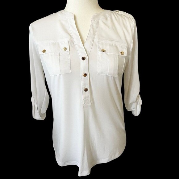 Calvin Klein Textured Roll Tab Button Down Soft White Blouse Women's Size XS New - Picture 1 of 6